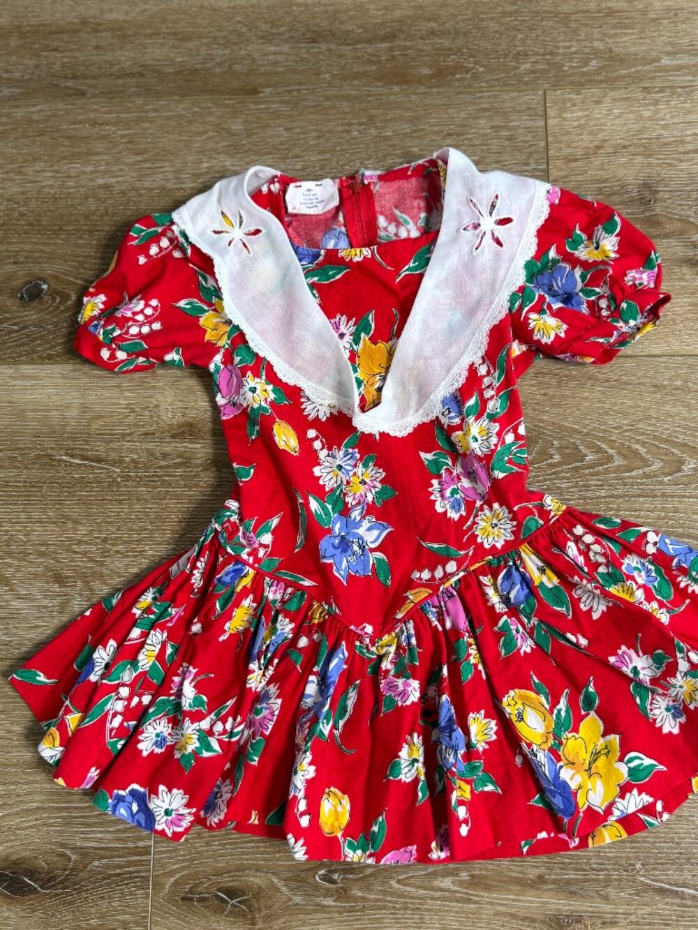 VTG 80s Rare Editions Girls Size 6 Floral CottageCore Puff Sleeve Dress Bib Red